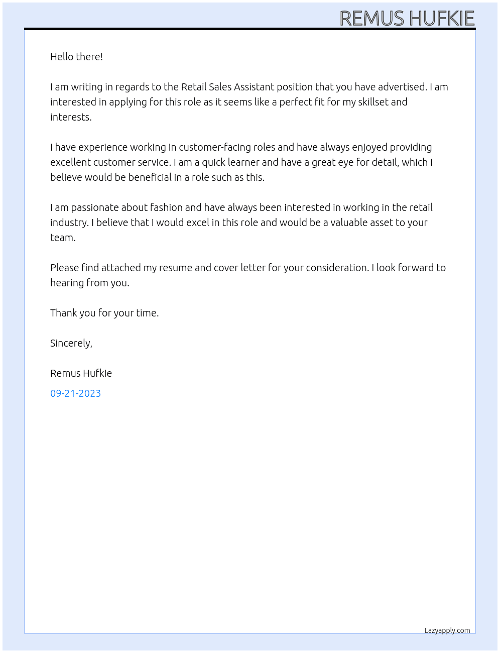 Retail Sales Assistant At Hellenstein Brothers  Cover Letter