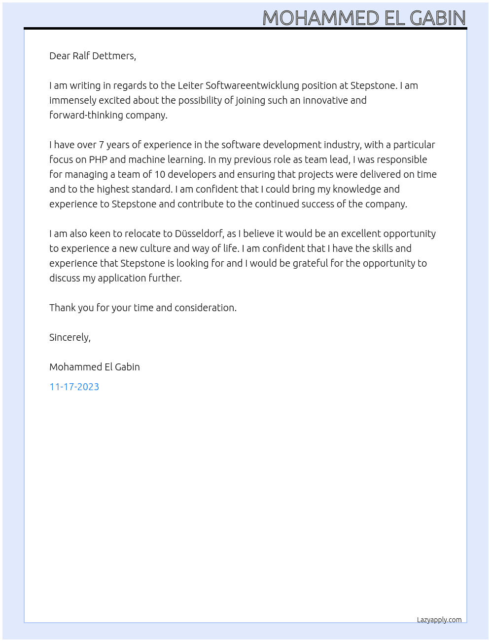 Leiter Softwareentwicklung At Stepstone Cover Letter