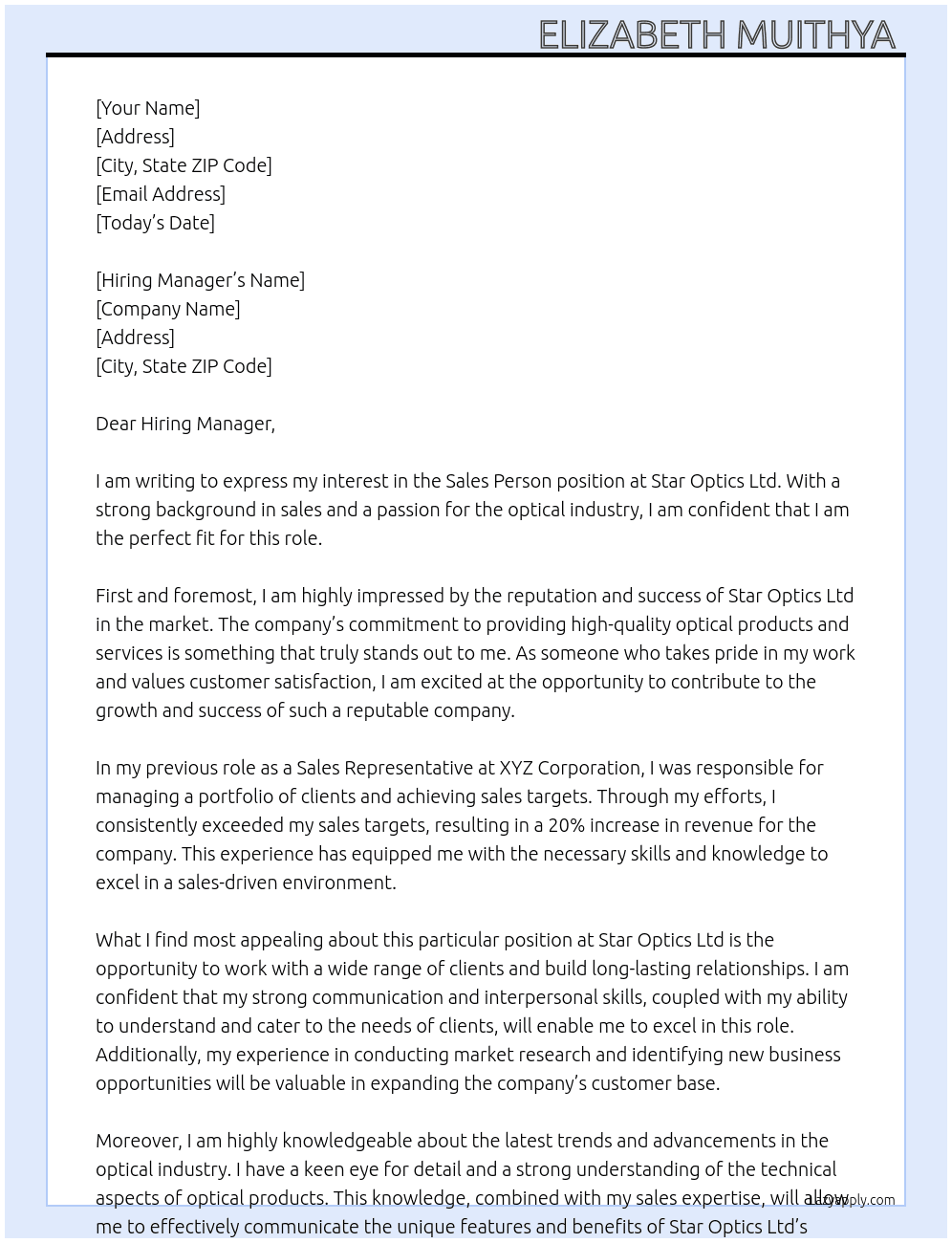 Sales person  At Star optics ltd Cover Letter