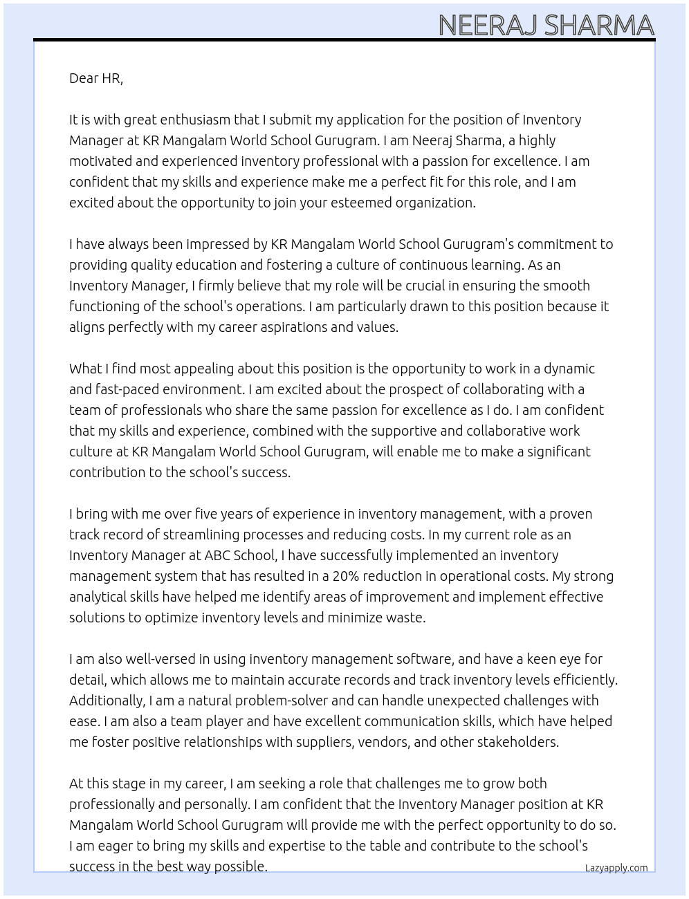 Inventory Manager At KR Mangalam World School Gurugram Cover Letter