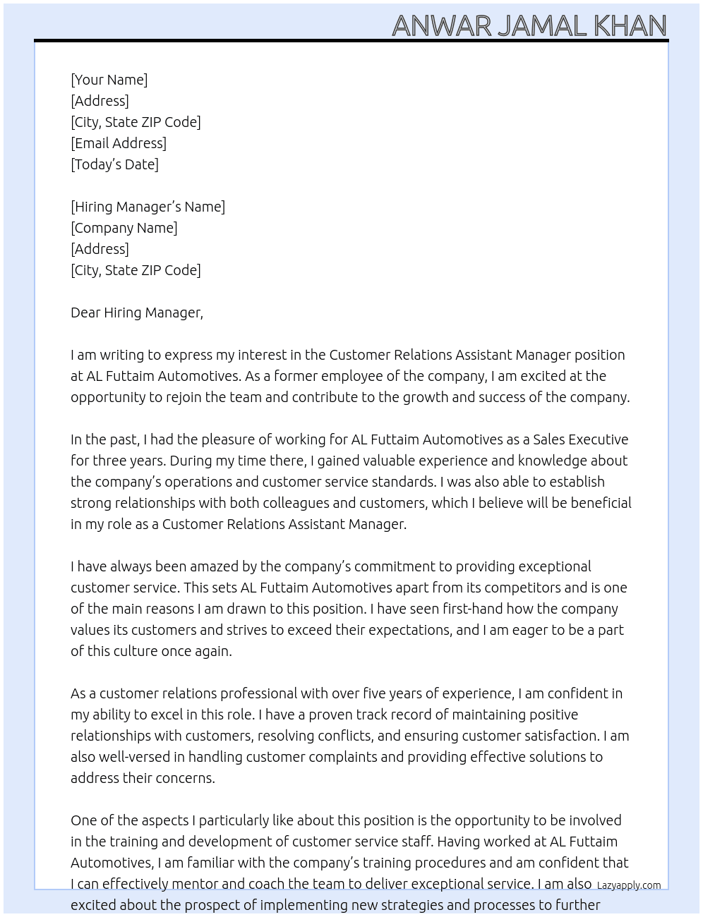 Customer relations assistant manager At ex employee AL Futtaim automotives  Cover Letter