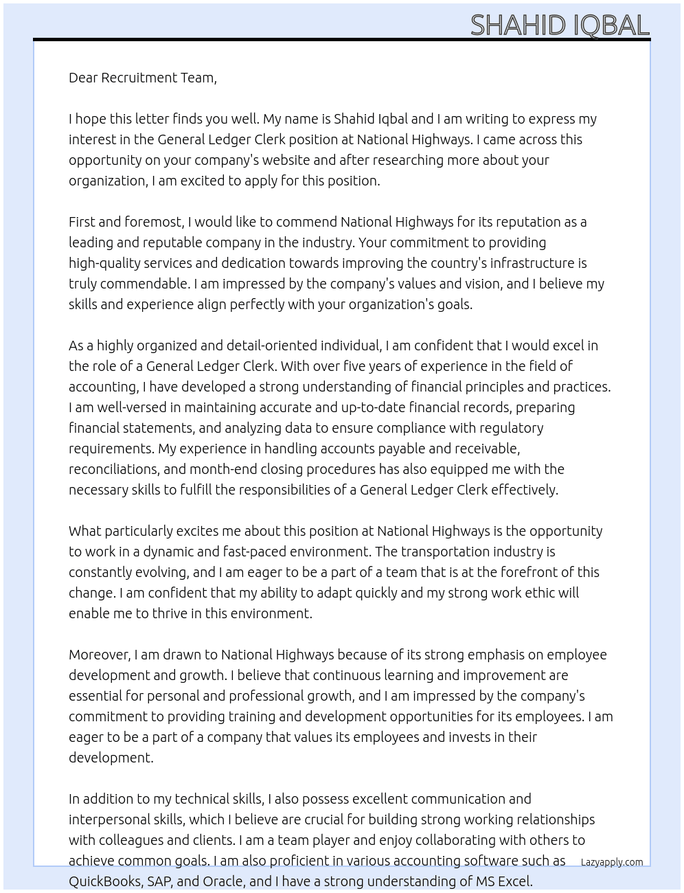 General Ledger Clerk At National Highways Cover Letter