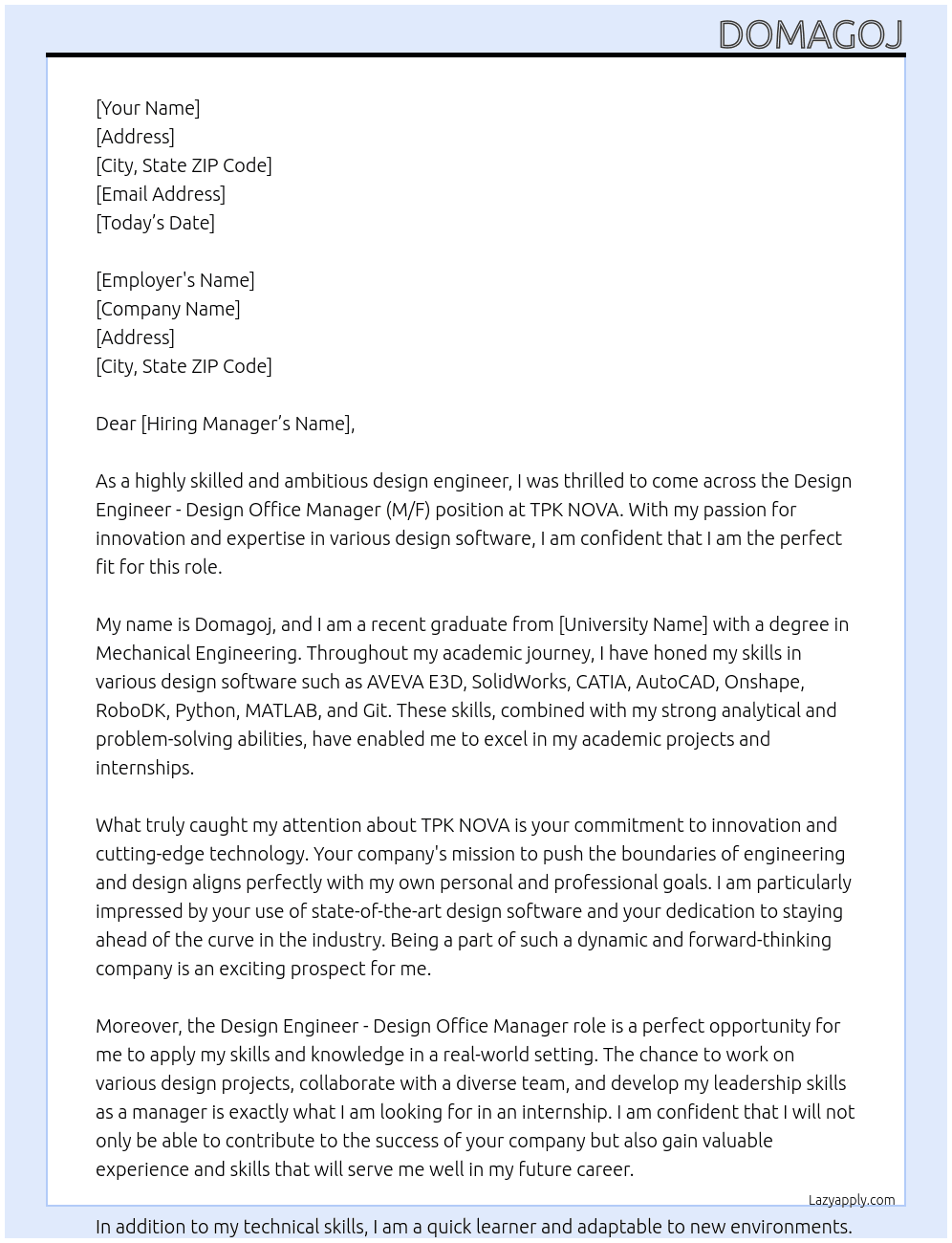 DESIGN ENGINEER - DESIGN OFFICE MANAGER (M/F) At TPK NOVA Cover Letter