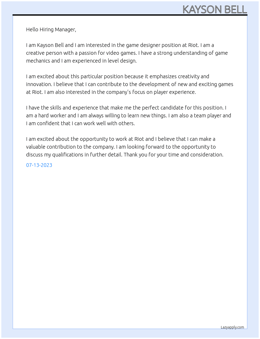 game designer At Riot Cover Letter