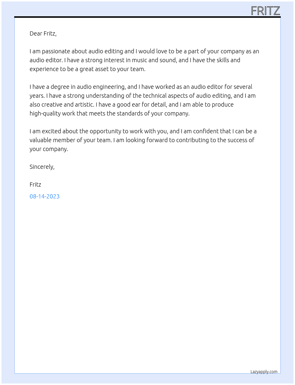 Audio editor  At None Cover Letter