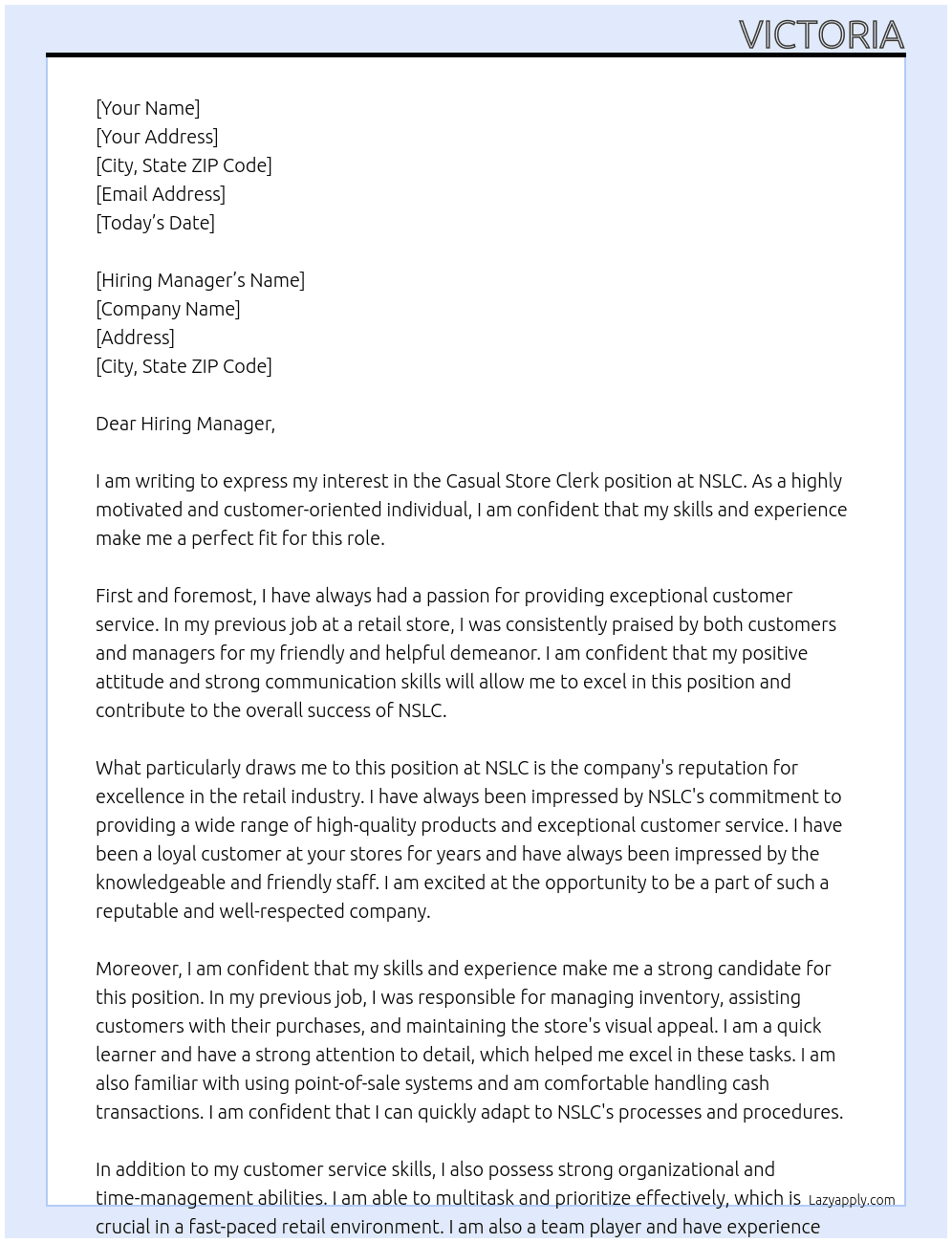 Casual Store Clerk At NSLC Cover Letter