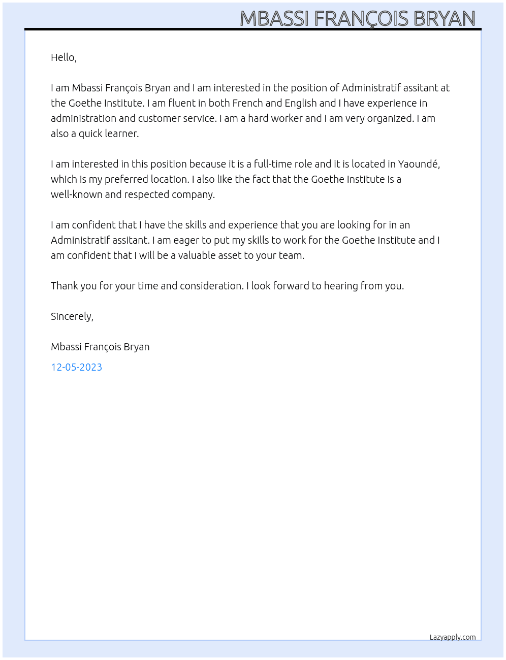 Administratif assitant At Goethe Institute Cover Letter