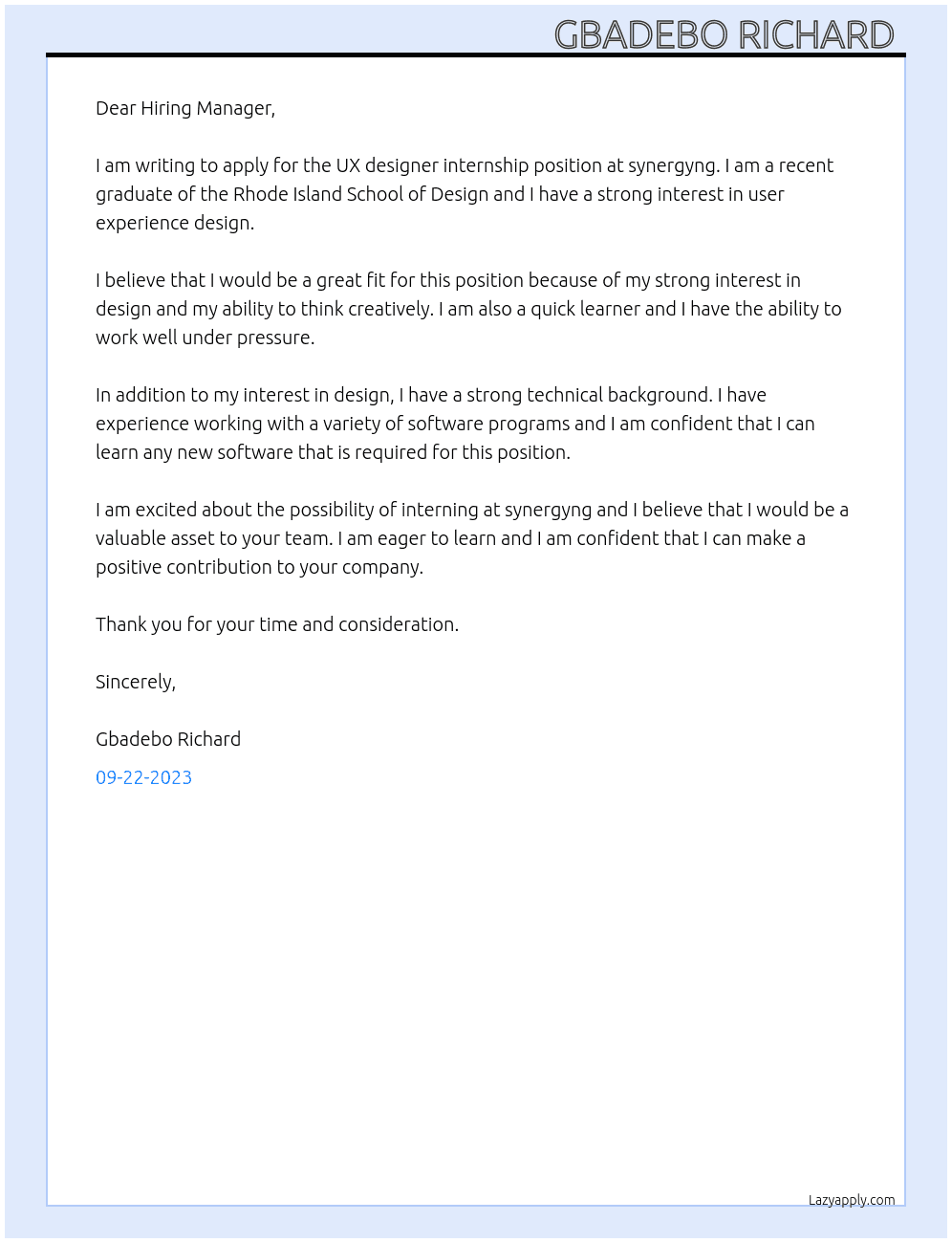 UX designer internship  At synergyng Cover Letter