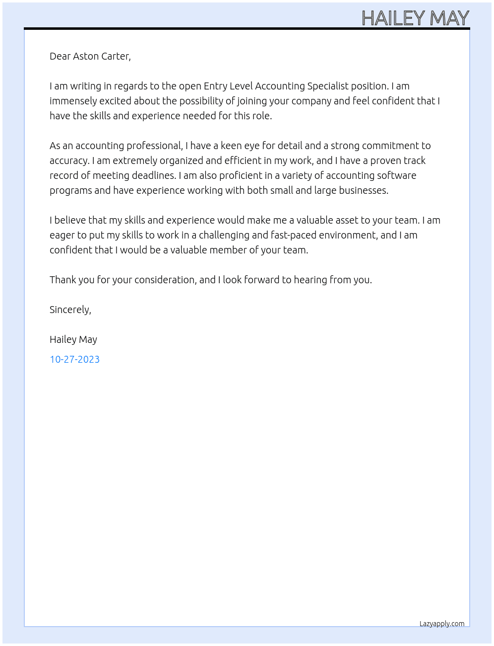 Entry Level Accounting Specialist At Aston Carter Cover Letter