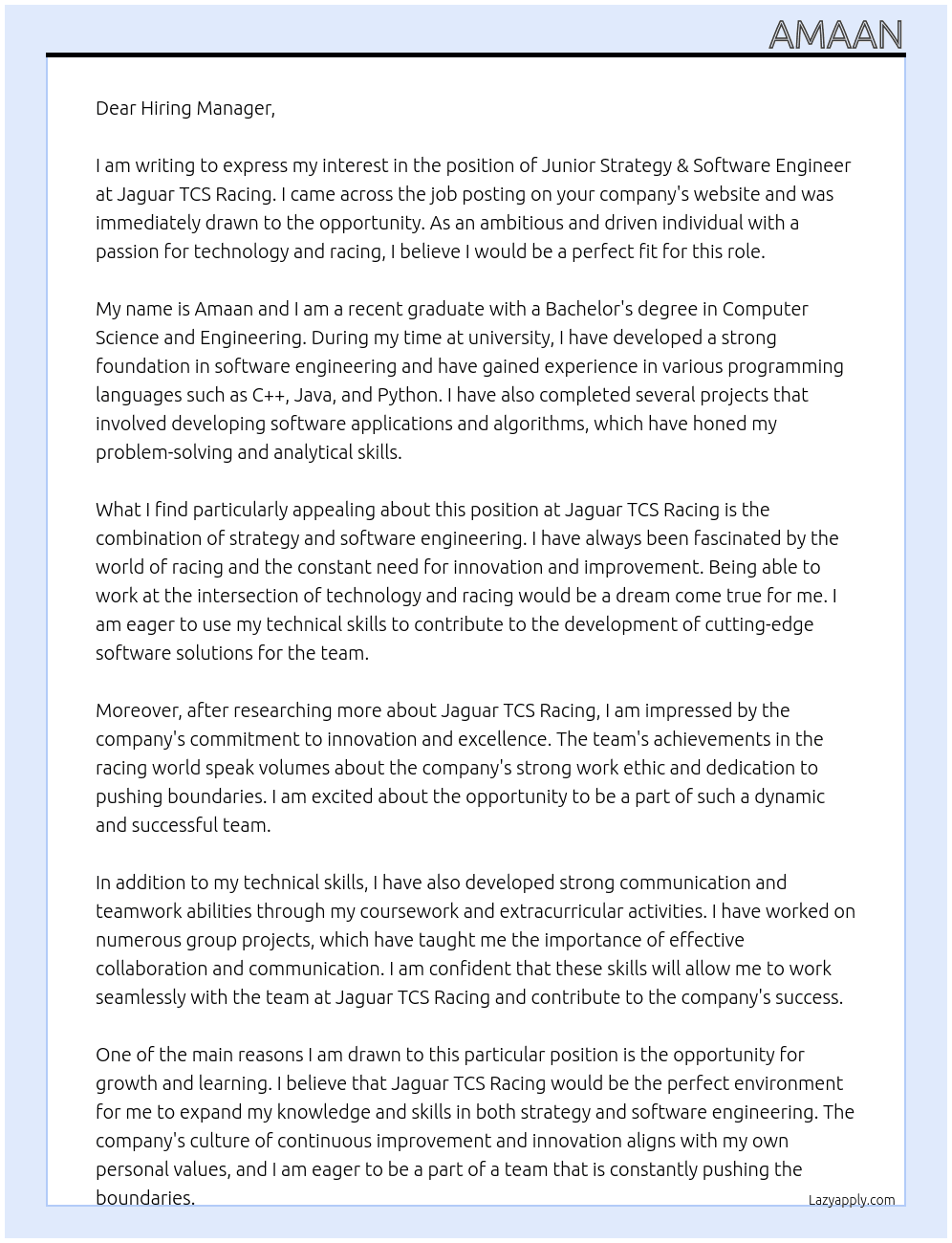 Junior Strategy & Software Engineer At Jaguar TCS Racing Cover Letter