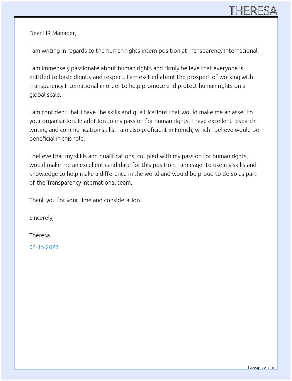 Human rights intern At Transparency International  Cover Letter