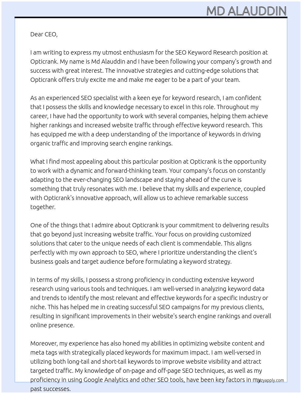 SEO Keyword research At opticrank Cover Letter