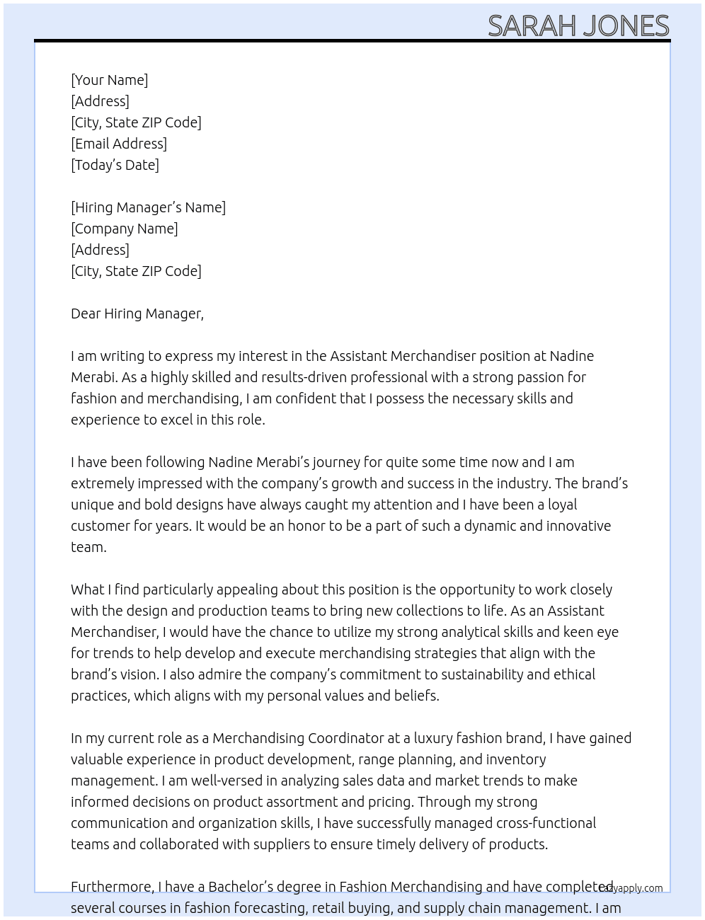 Assistant Merchandiser At Nadine Merabi Cover Letter