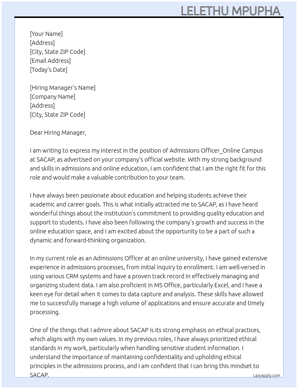 Admissions Officer_Online Campus  At SACAP Cover Letter