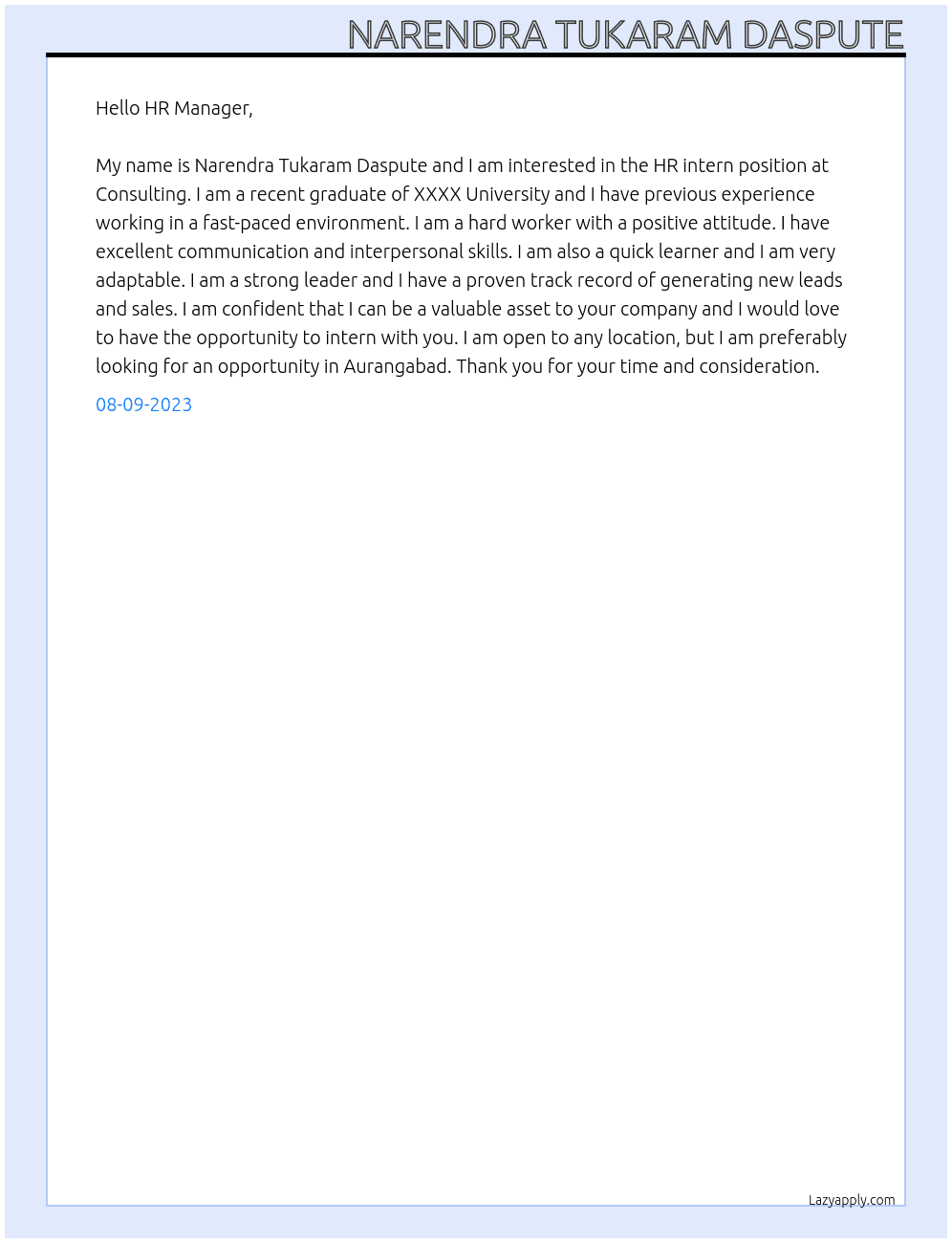 HR intern At Consulting Cover Letter