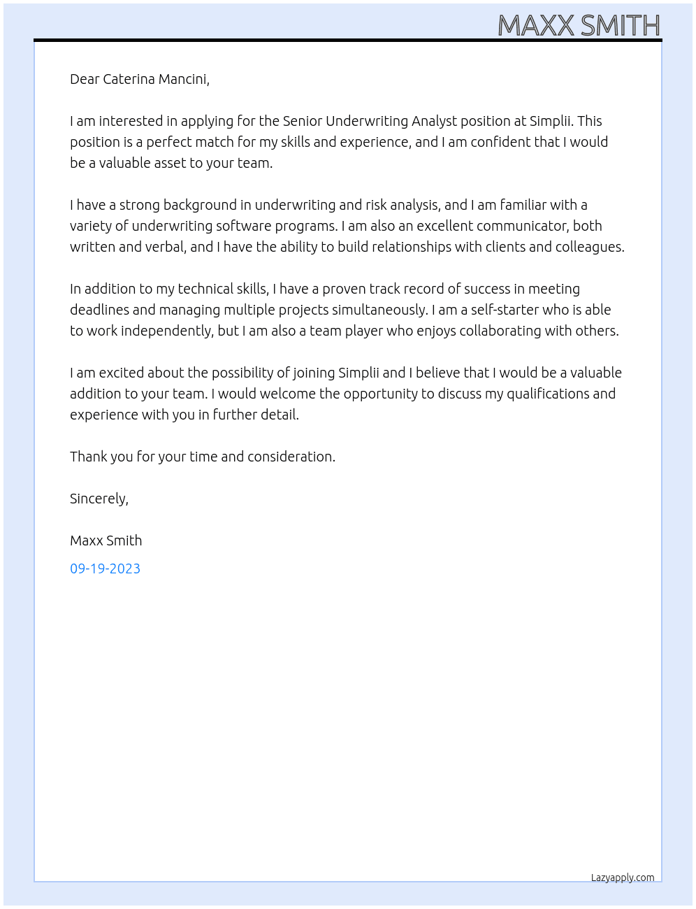 Senior Underwriting Analyst At Simplii Cover Letter