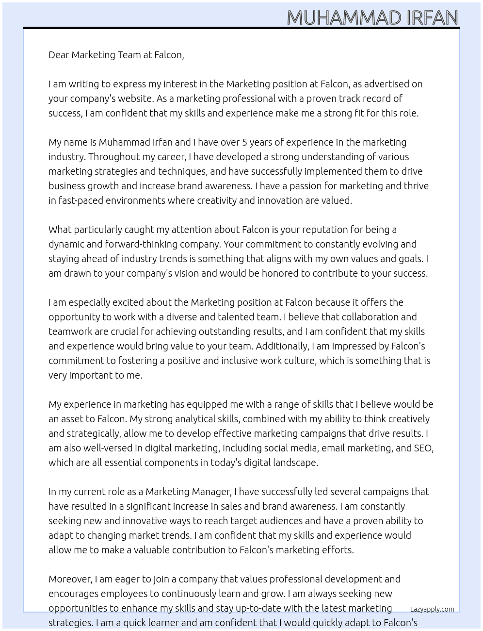 MARKETING At FALCON Cover Letter