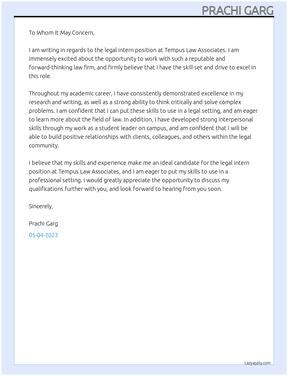 Legal Intern At Tempus Law Accociates Cover Letter