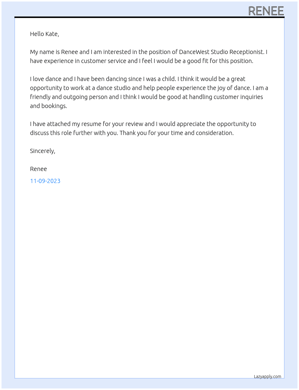 DanceWest Studio Receptionist At DanceWest Studio Cover Letter