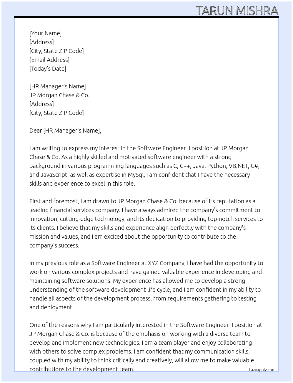 Software Engineer II At JP Morgan Chase & Co. Cover Letter