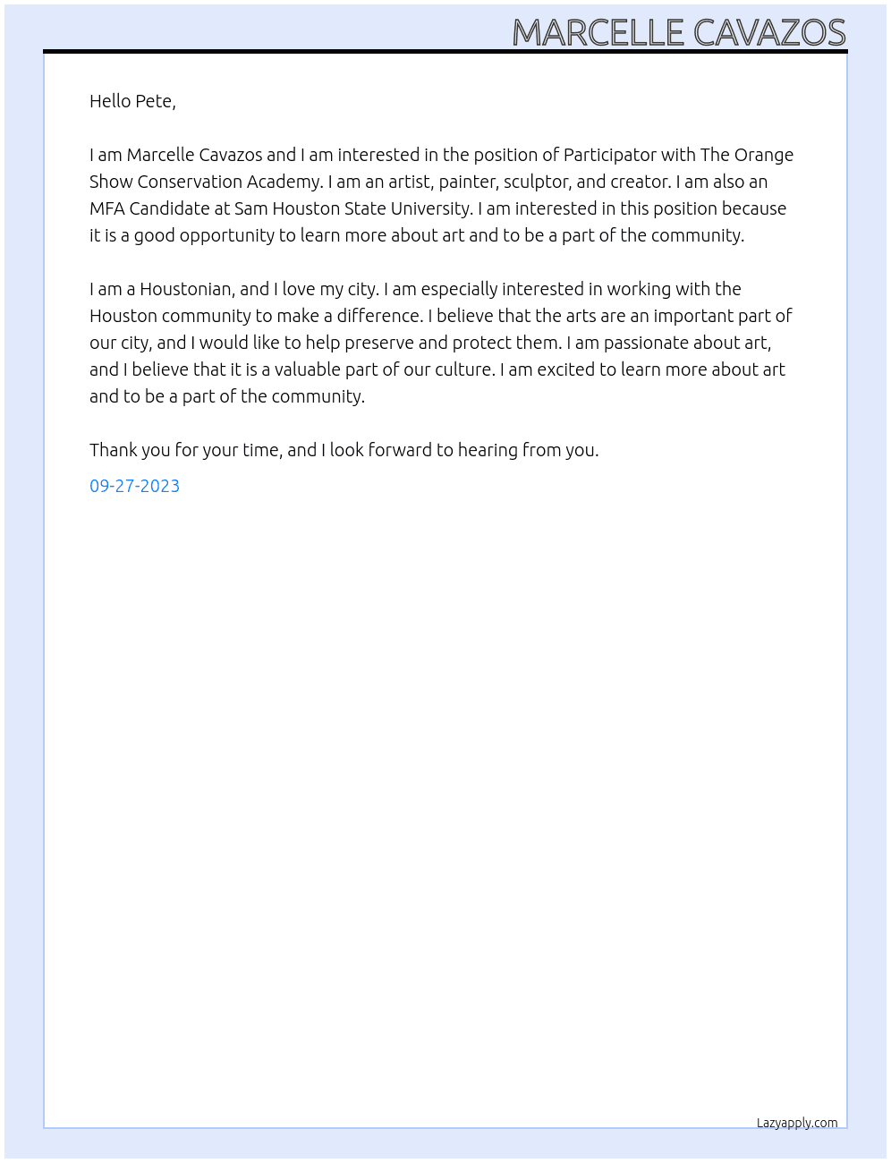 Participator At The Orange Show Conservation Academy Cover Letter