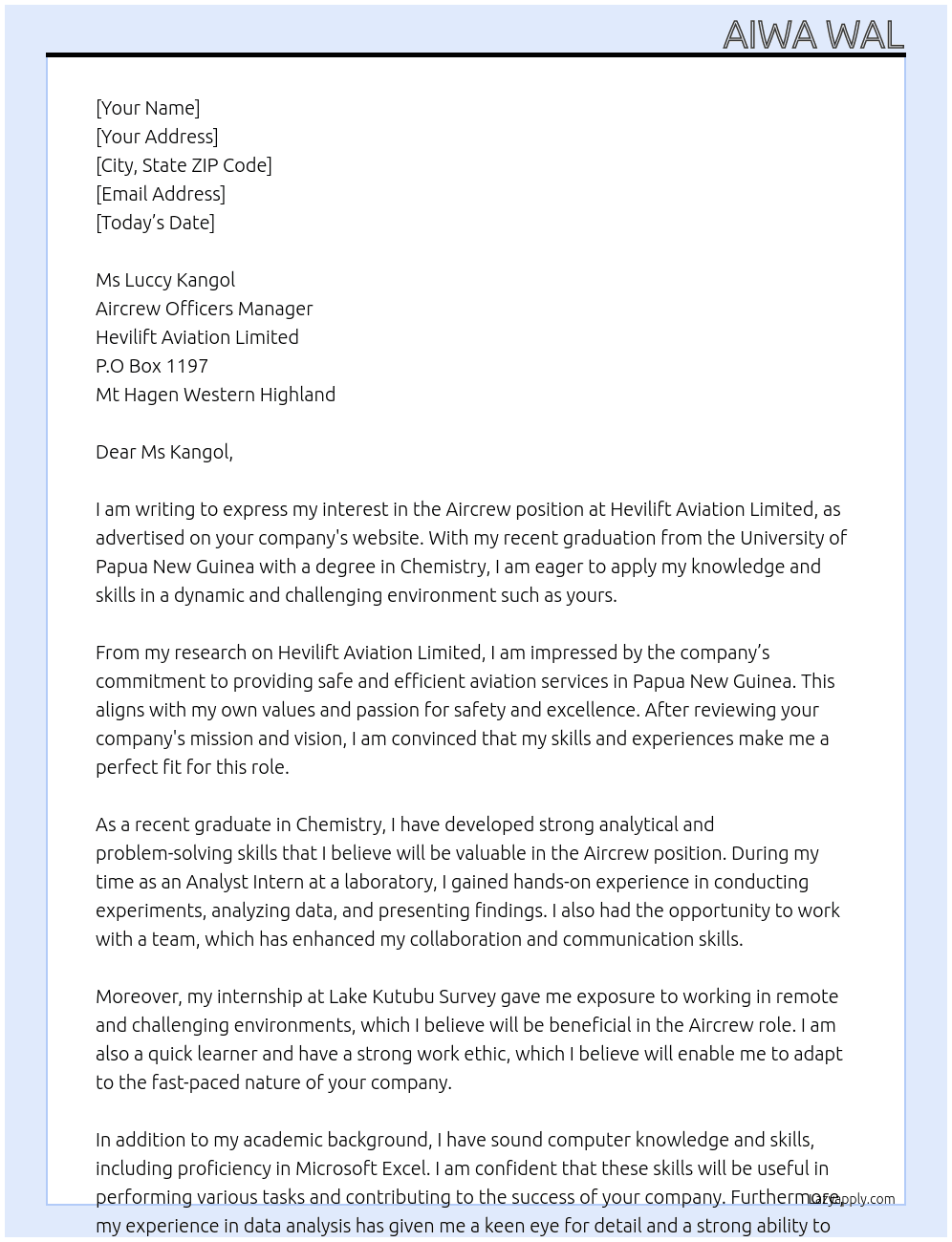 Aircrew  At Hevilift Aviation Limited  Cover Letter