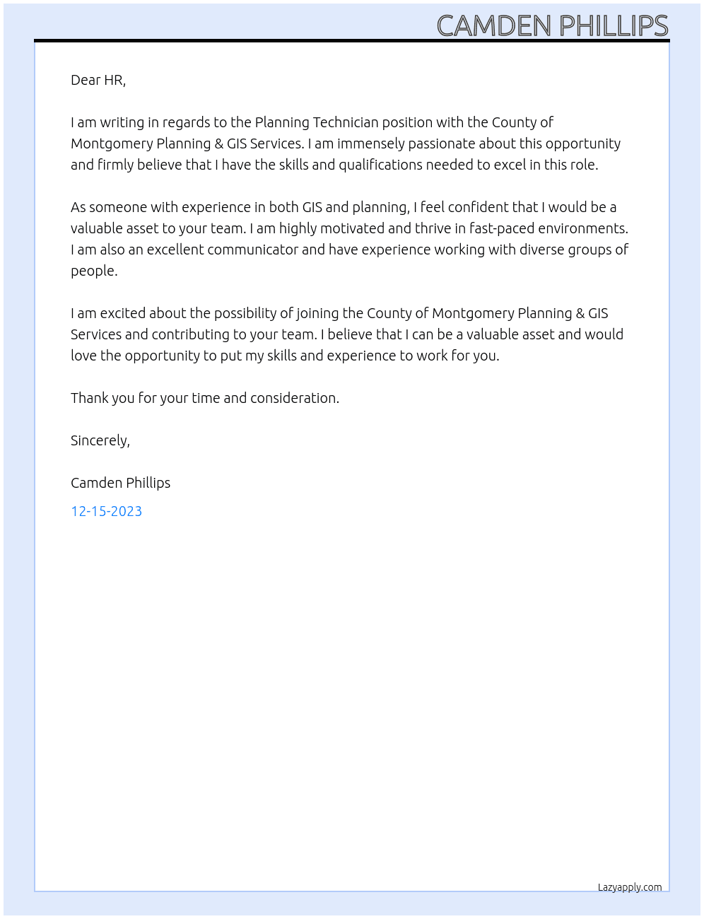 Planning Technician At County of Montgomery Planning & GIS Services Cover Letter