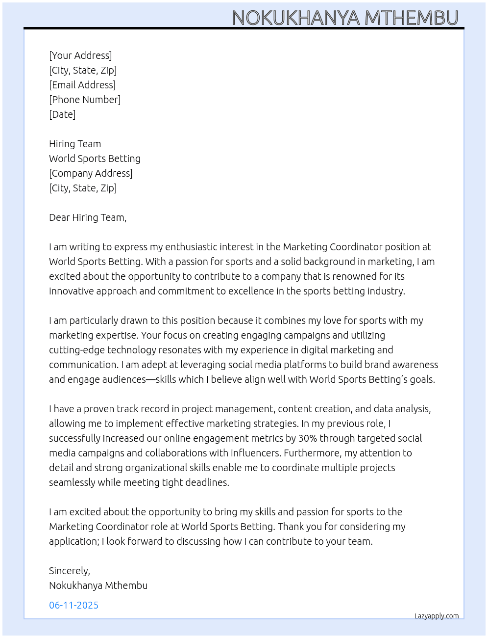 Marketing Coordinator  At World Sports Betting Cover Letter