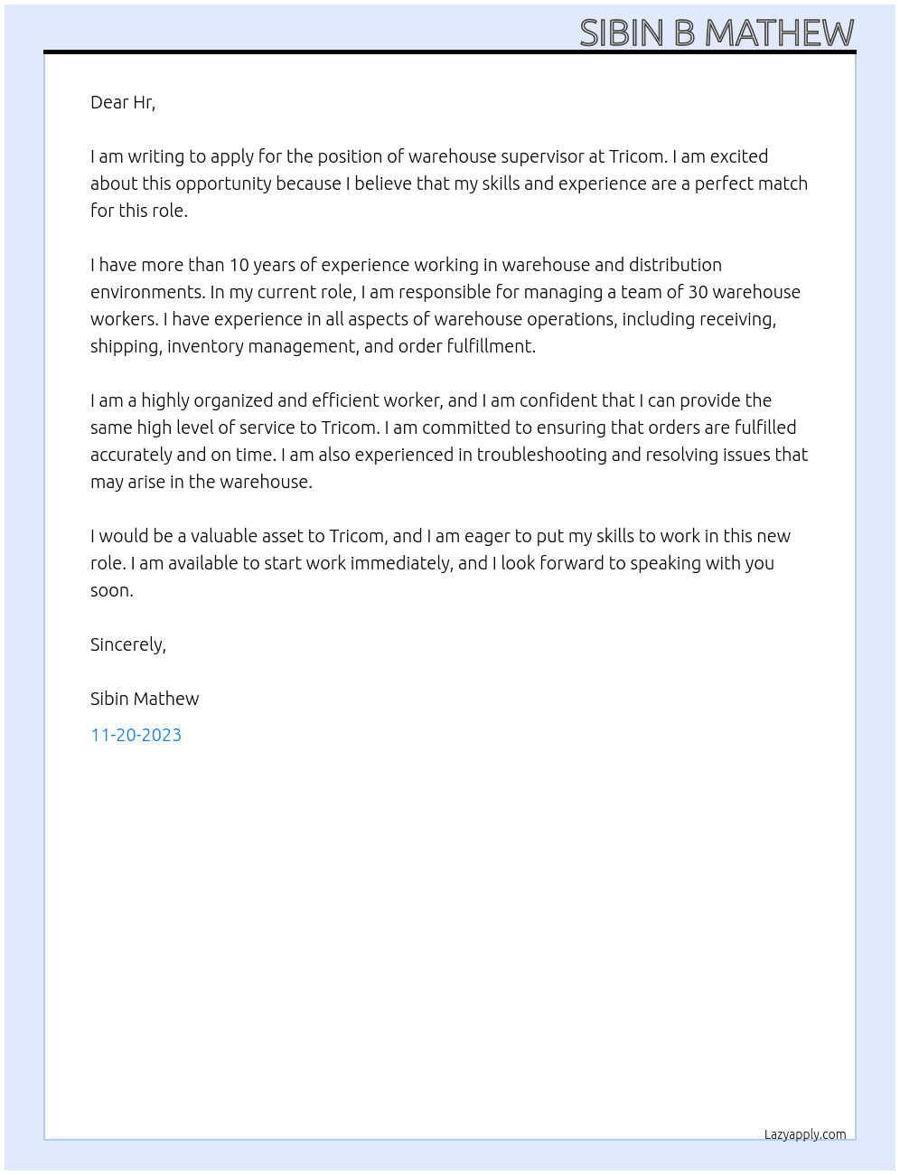Warehouse supervisor  At Tricom Cover Letter