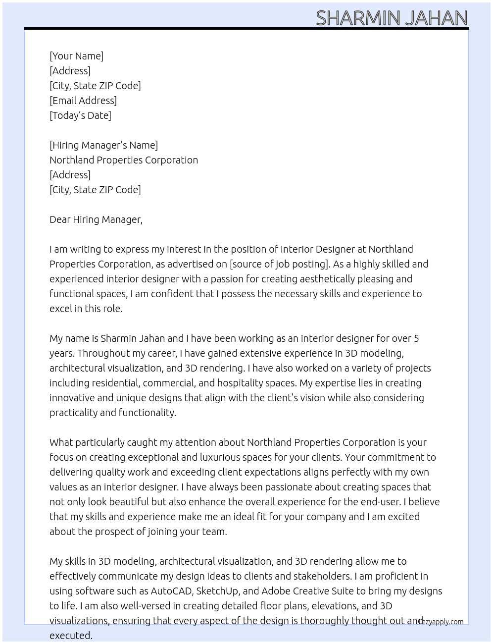 Interior Designer At Northland Properties Corporation Cover Letter