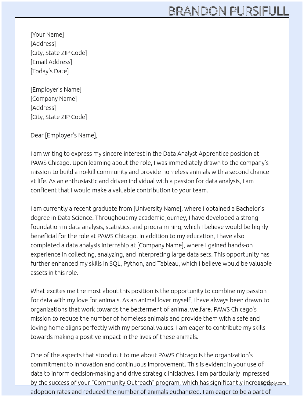 Data Analyst Apprentice At PAWS Chicago Cover Letter