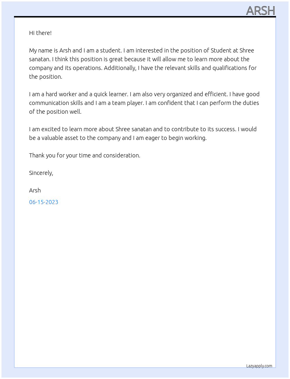 Student  At Shree sanatan  Cover Letter