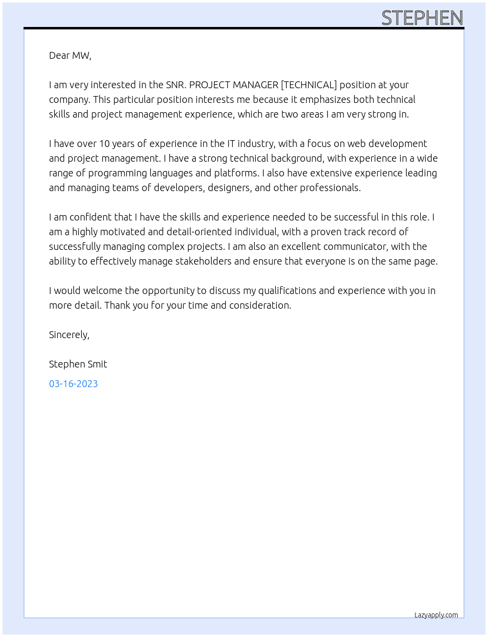 SNR. PROJECT MANAGER [TECHNICAL] At MW Cover Letter