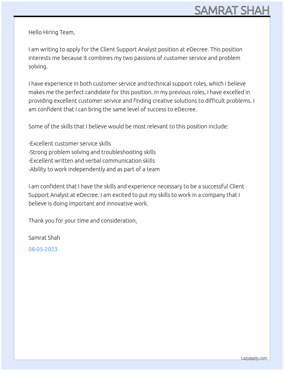 Client Support Analyst At eDecree Cover Letter