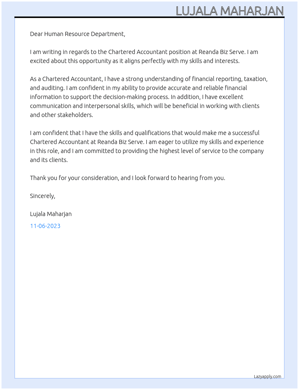 Chartered Accountant At Reanda Biz Serve Cover Letter