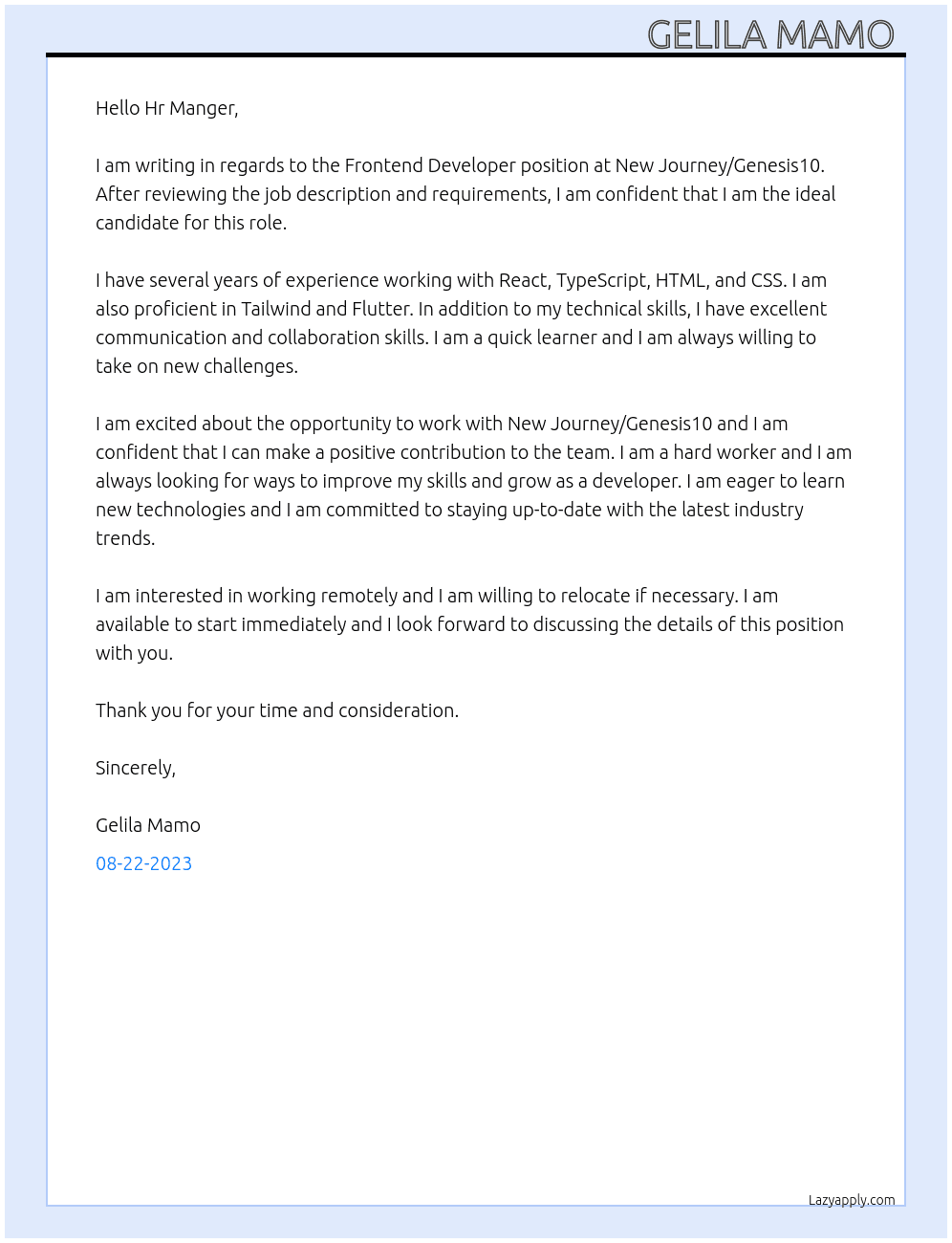 Frontend Developer  At New Journey/Genesis10: Cover Letter