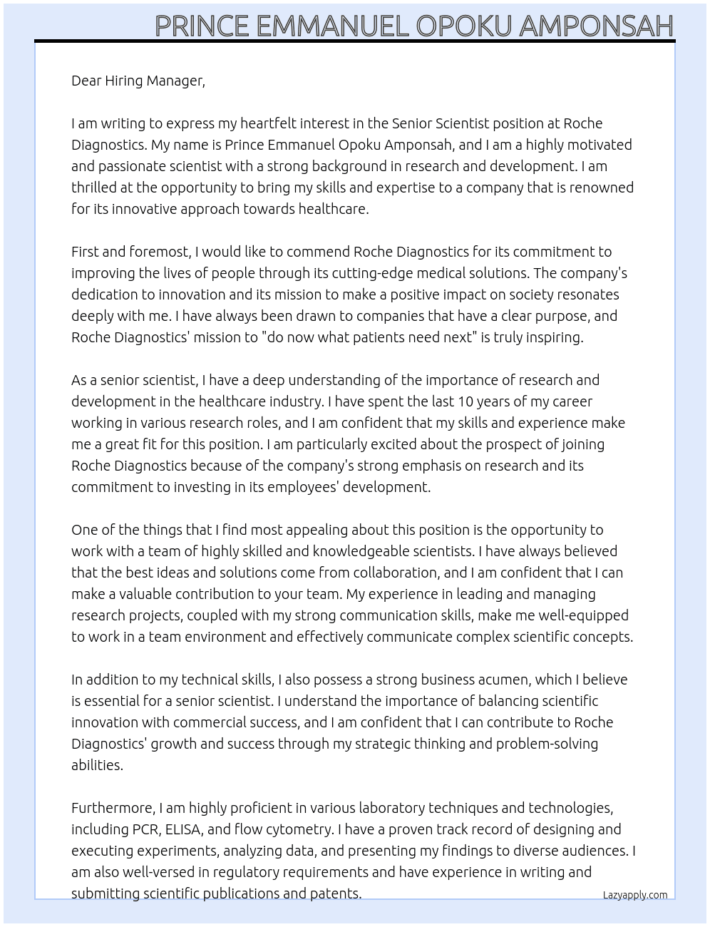 senior scientist  At roche diagnostics Cover Letter