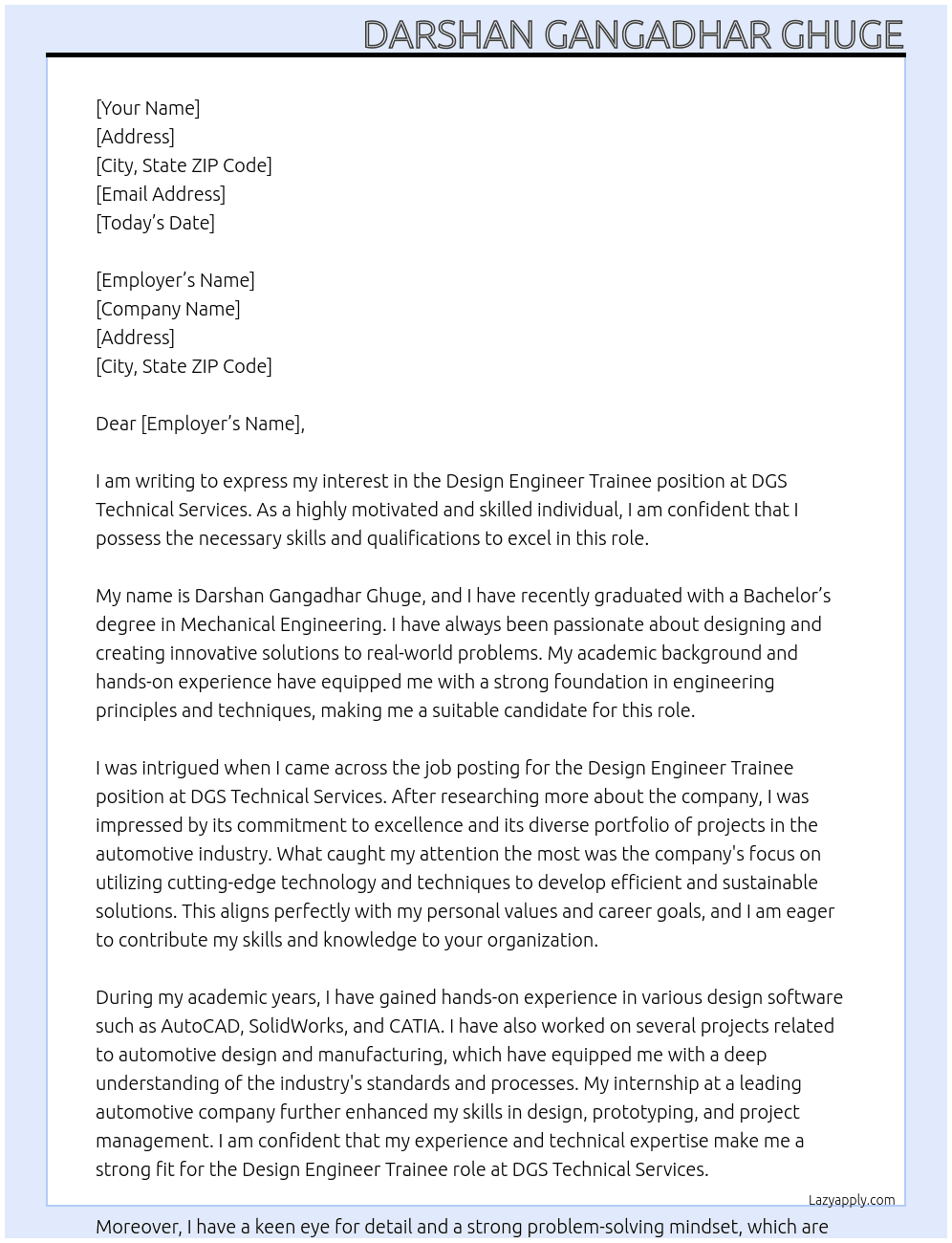 Design Engineer Trainee  At DGS Technical Services  Cover Letter