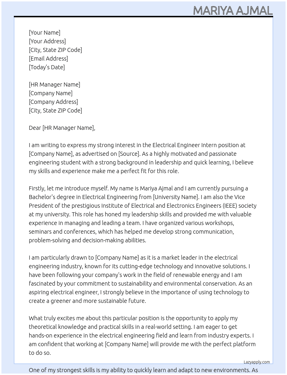 ELECTRICAL ENGINEER INTERN At ENGRO  Cover Letter
