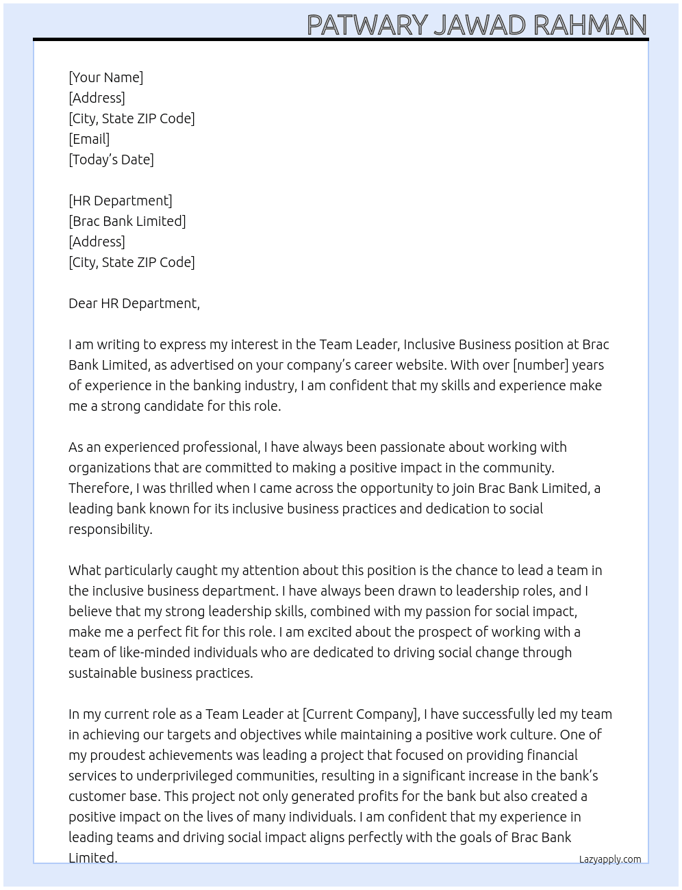 Team Leader, Inclusive Business At Brac Bank Limited Cover Letter