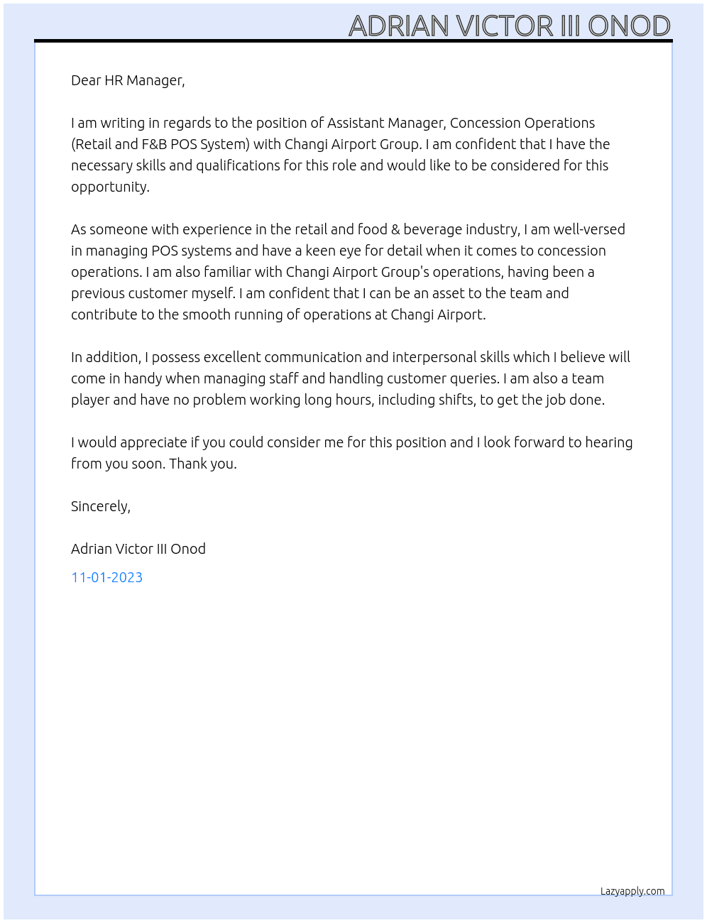 Assistant Manager, Concession Operations (Retail and F&B POS System) At Changi Airport Group Cover Letter