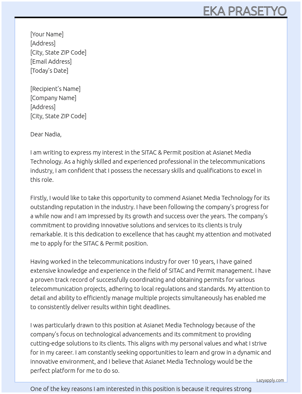 SITAC & Permit At Asianet Media Technology Cover Letter