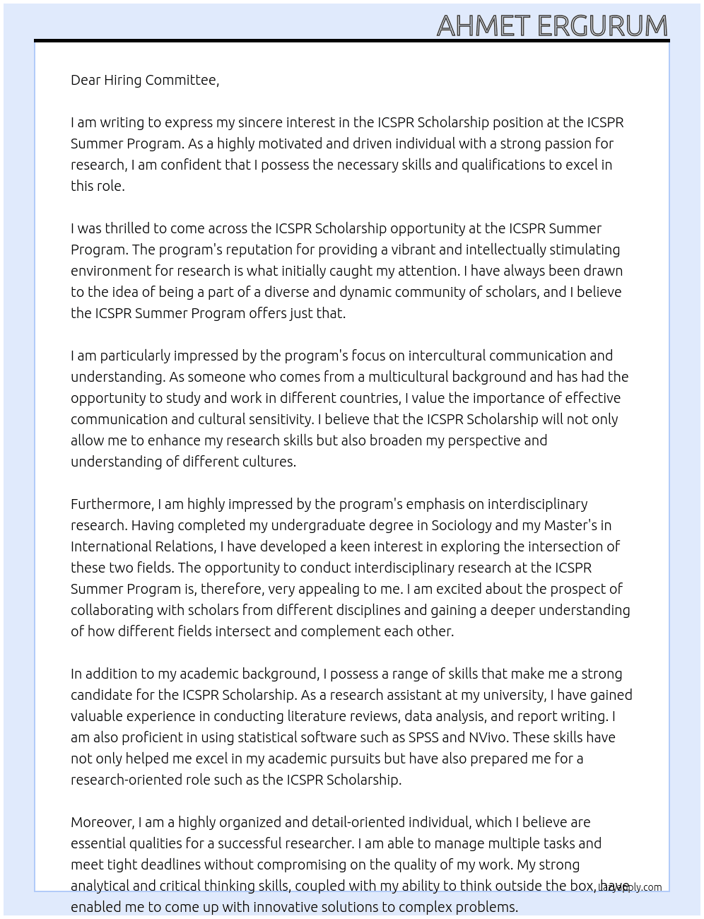 ICSPR Scholarship At ICSPR Summer Program Cover Letter