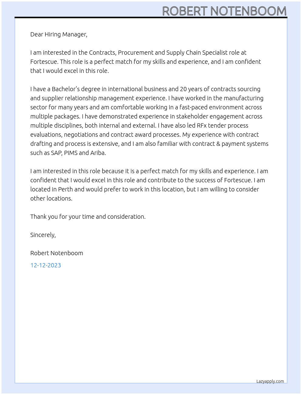  Contracts, Procurement and Supply Chain Specialist At Fortescue Cover Letter