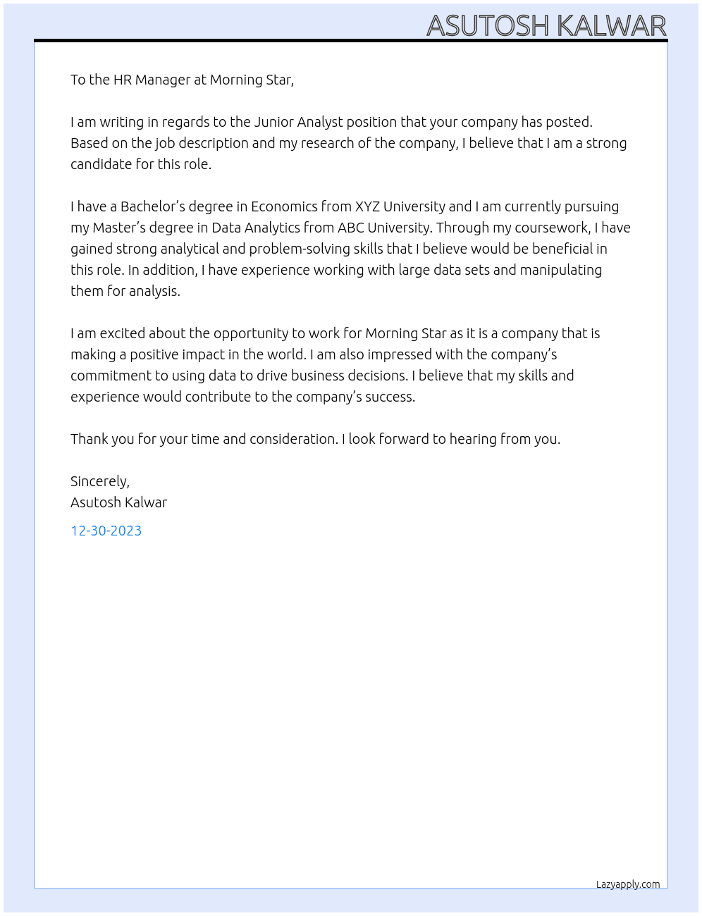 Junior Analyst At Morning Star Cover Letter