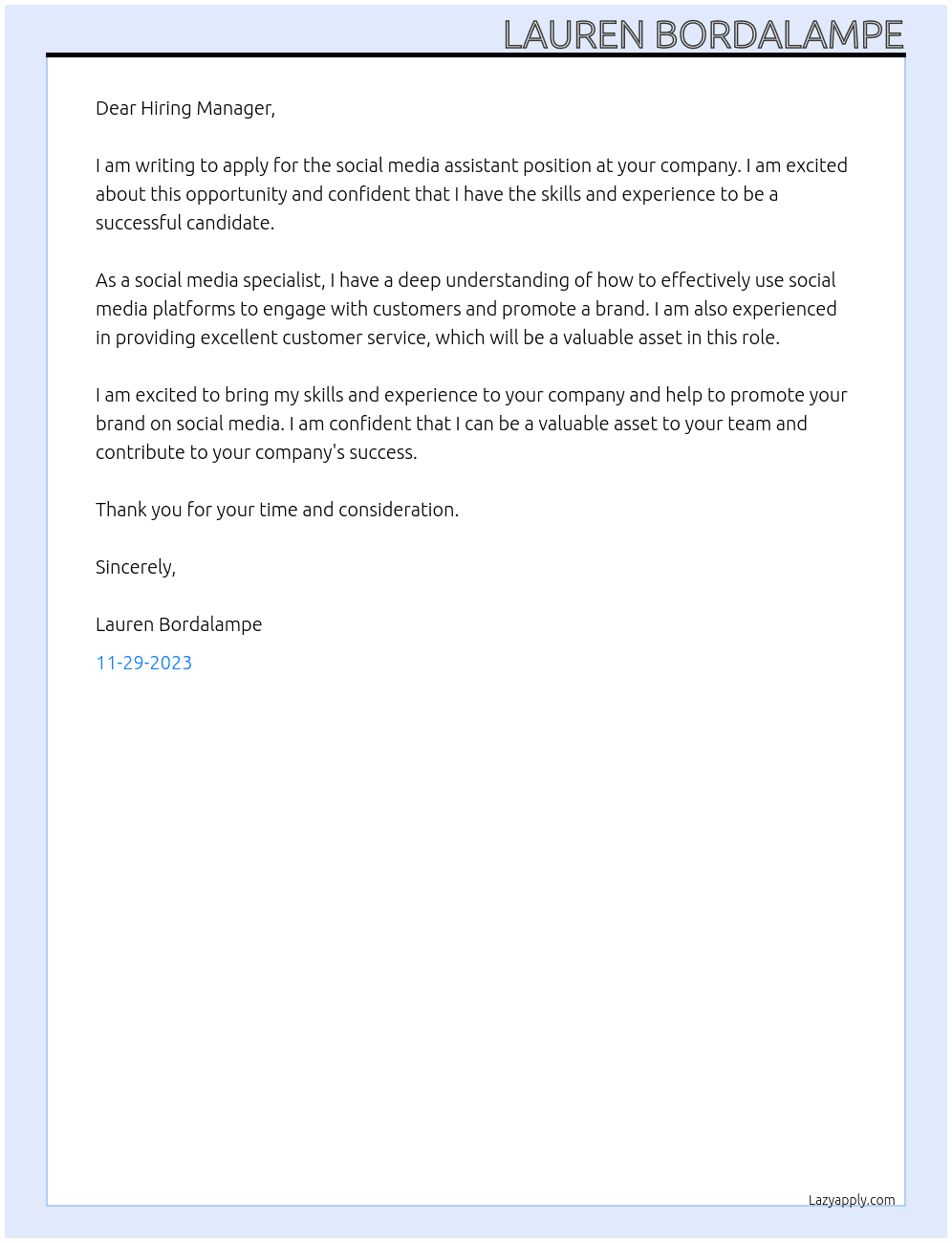 social media assistant  At . Cover Letter