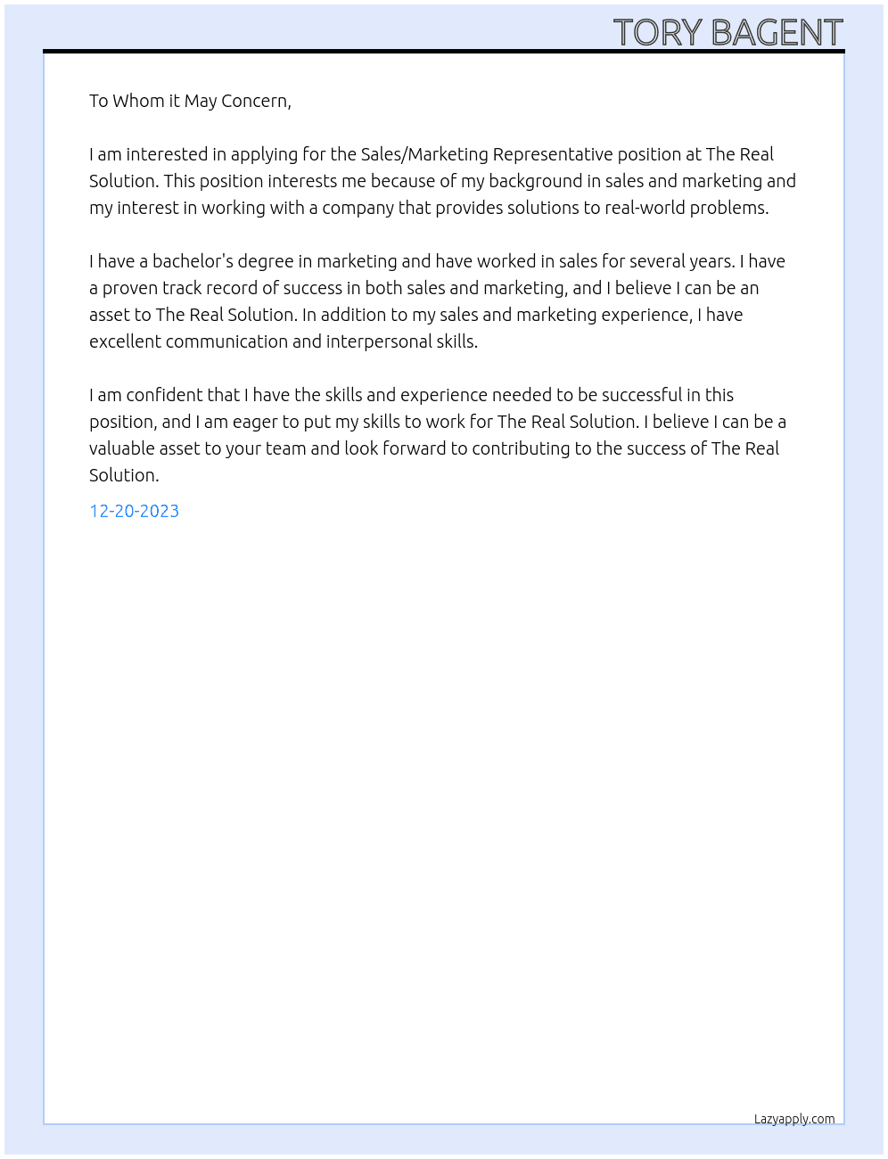 Sales/Marketing Representative At The Real Solution  Cover Letter