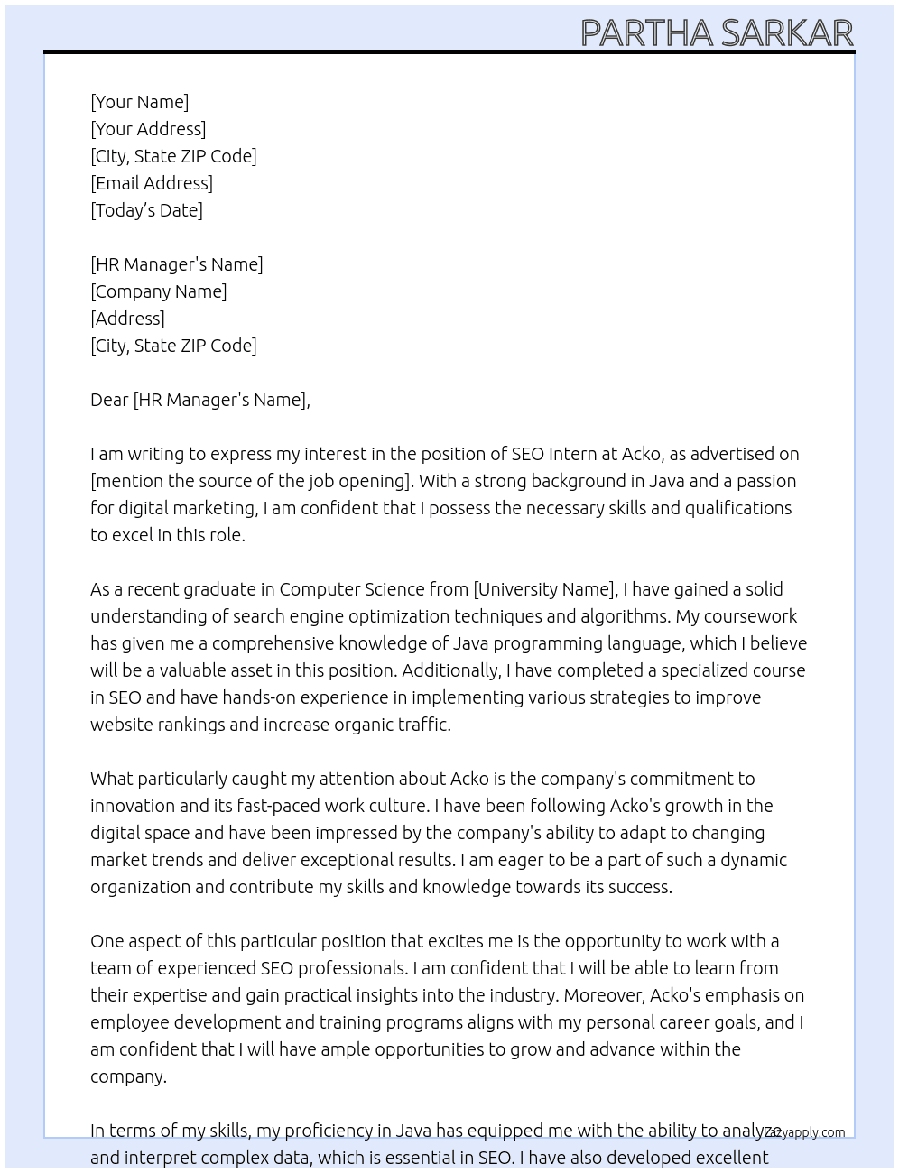 SEO intern  At Acko Cover Letter