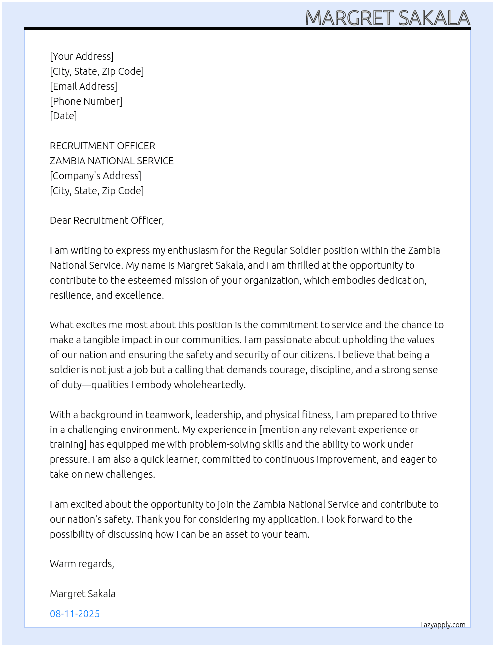  regular soldier At ZAMBIA NATIONAL SERVICIE Cover Letter