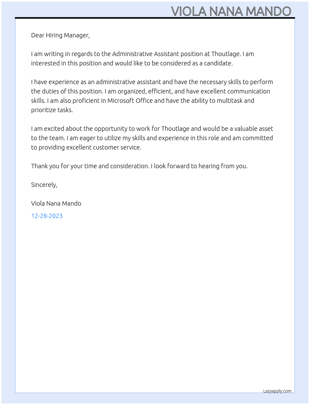 Adminstrative assistant  At Thoutlage Cover Letter